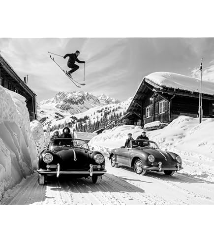 Amazon.com: Jumping Over Porsche Vintage Ski Photography Black and